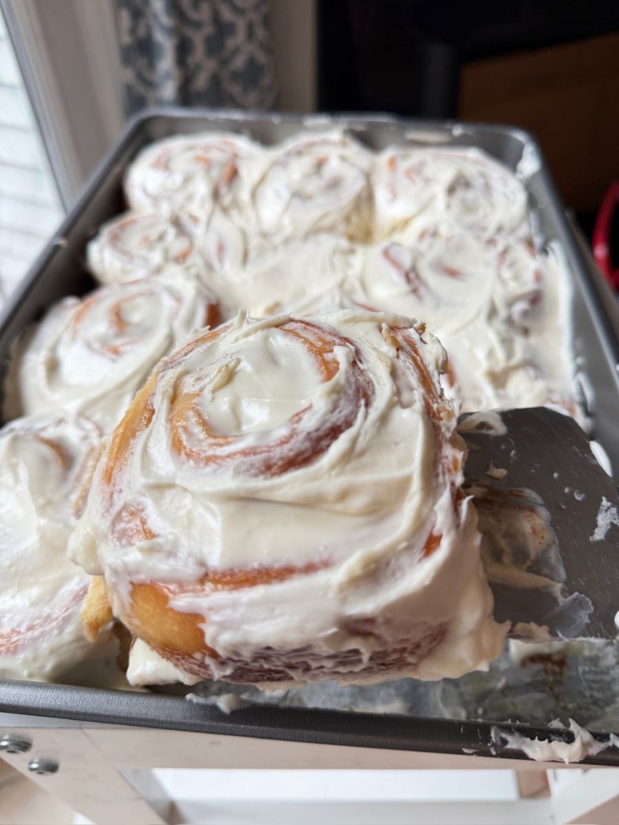 Frosted cinnamon rolls fresh from the oven