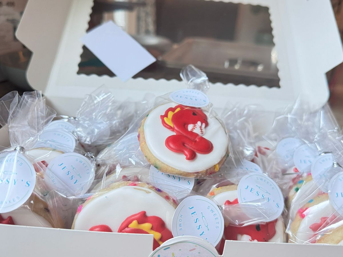 Individually wrapped baseball dragon sugar cookies with Jessy's Home Bakes labels