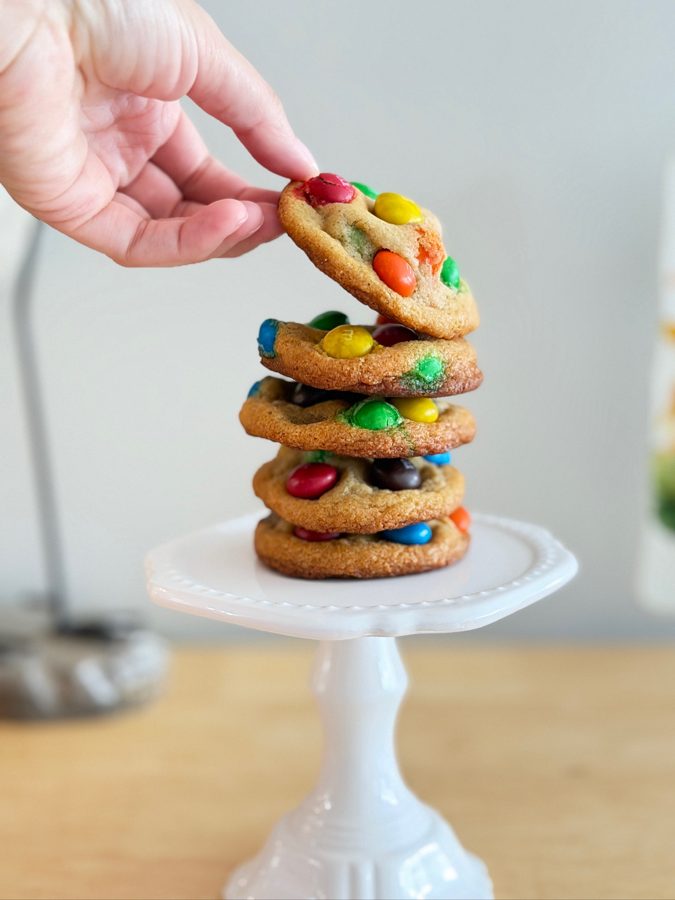 M&M cookies stacked