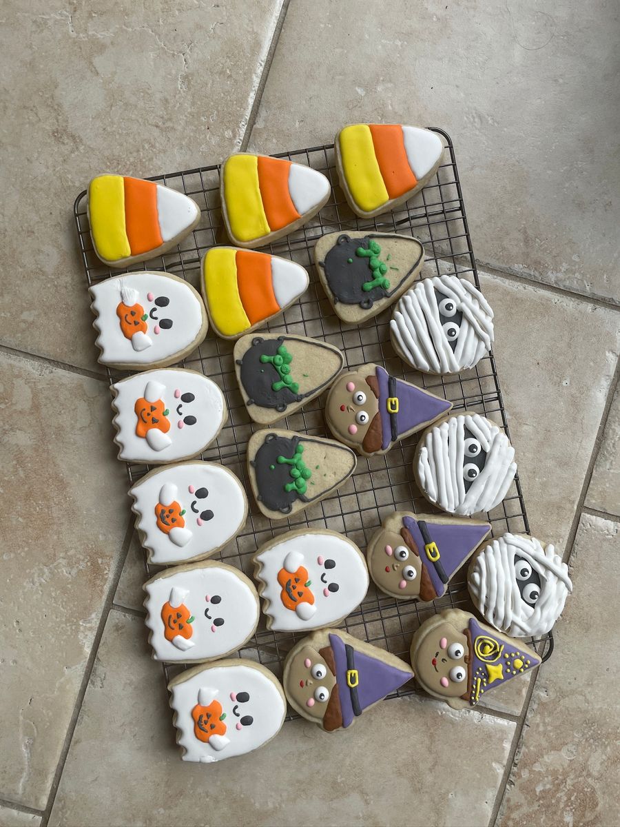 Halloween decorated cookies: ghosts, mummies, witches and candy corn