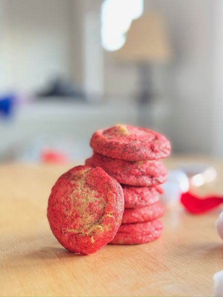 Red velvet cookies stacked