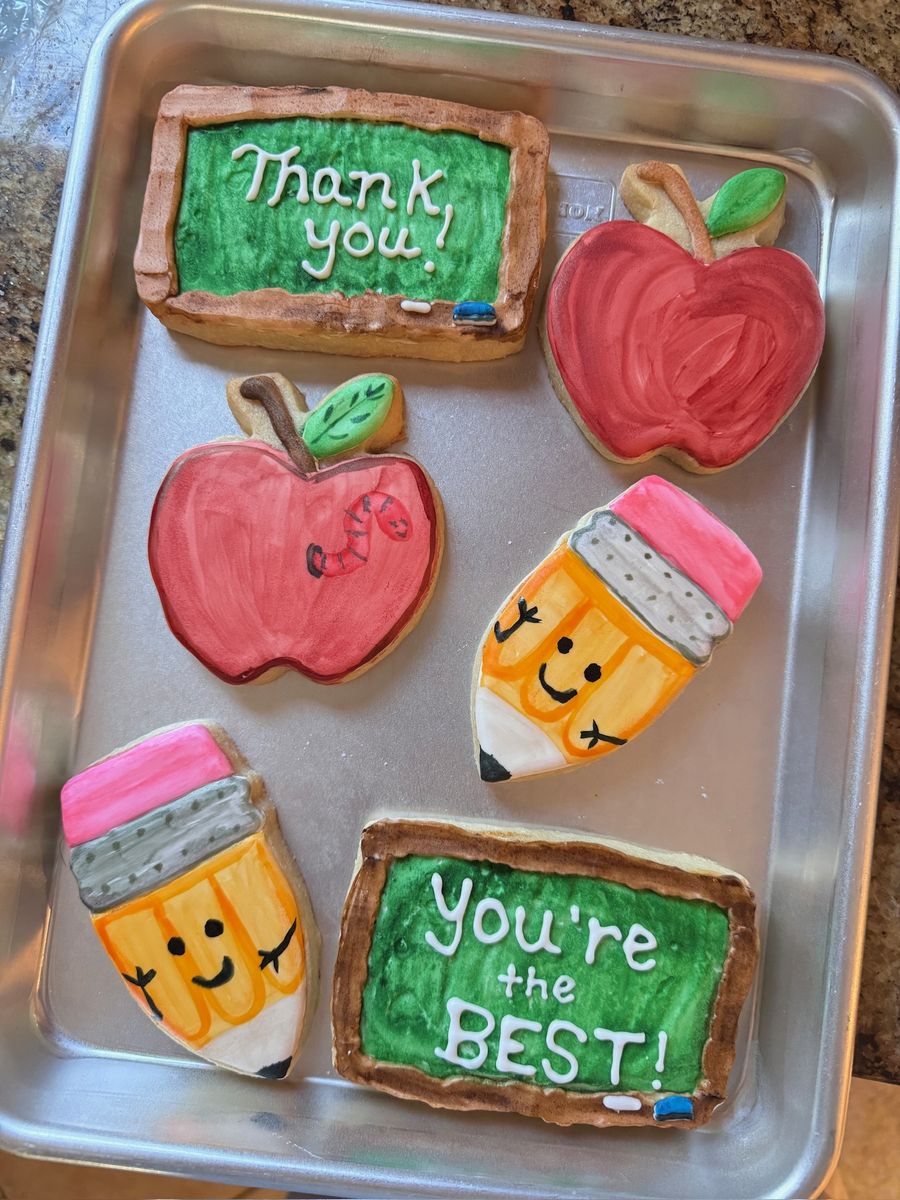 Teacher appreciation cookies with chalkboards, apples and pencils